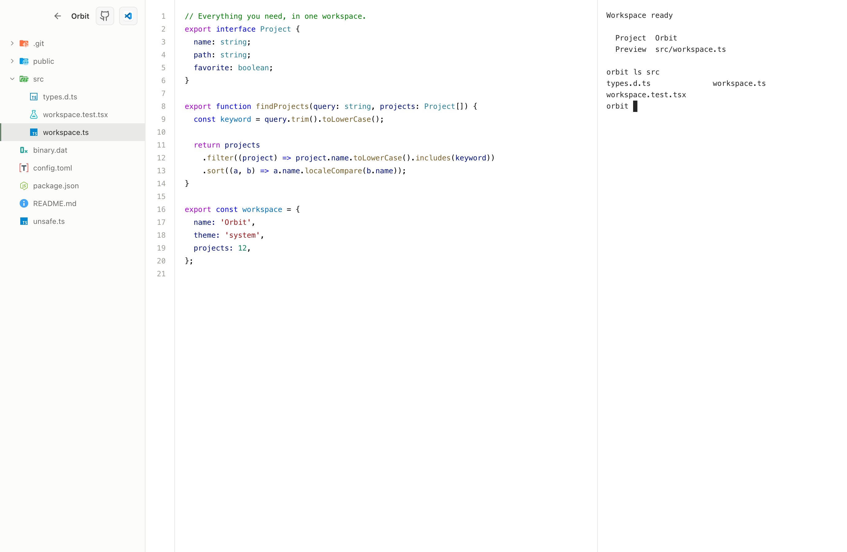 独立工作台：同色侧栏顶栏、GitHub 与编辑器按钮、只读代码和透明终端